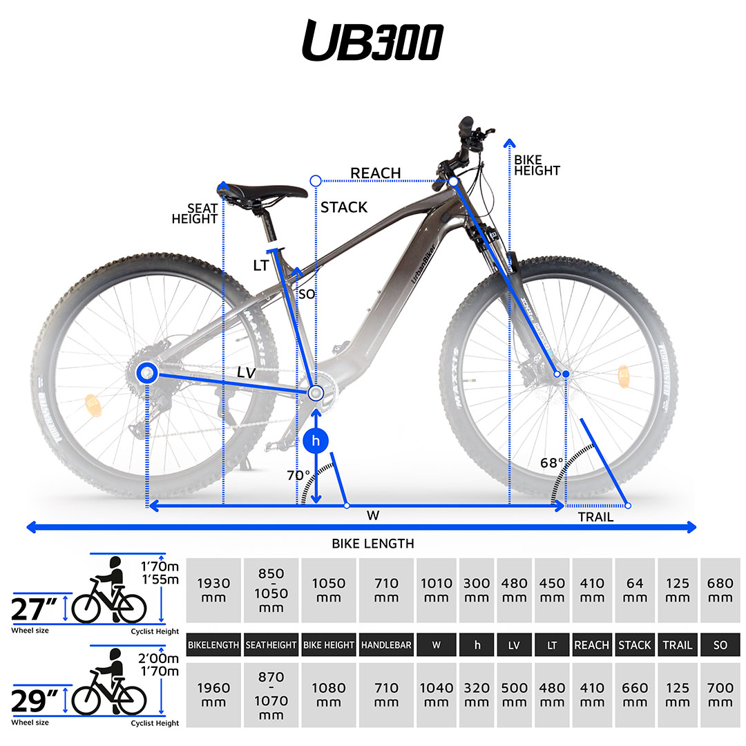 Urbanbiker UB300B MTB E-Bike 720Wh 4 Urbanbiker UB300B MTB E-Bike 720Wh tablica veličine modela